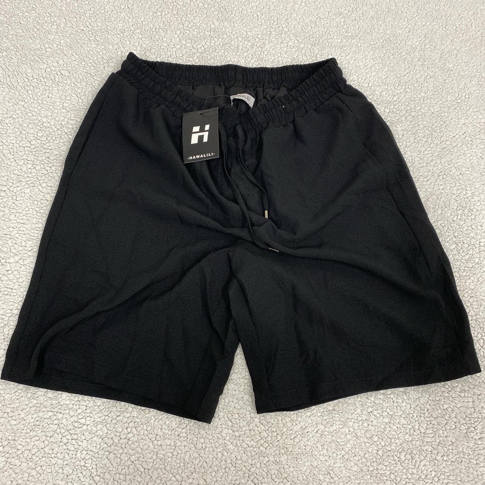 HAWALILI Mens Black Drawstring Shorts Elastic Waist Pockets Casual L 1594309